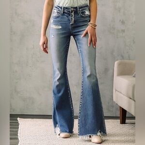 NWOT Flying Monkey Women's High-Rise Distressed Blue Flare Jeans